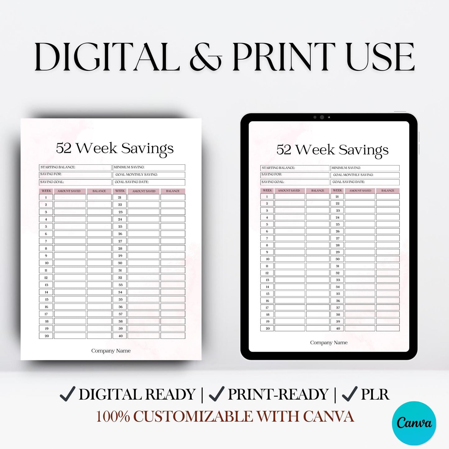 52-Week Savings Tracker | Digital Budget Planner | Printable PDF for Personal Use | Instant Download