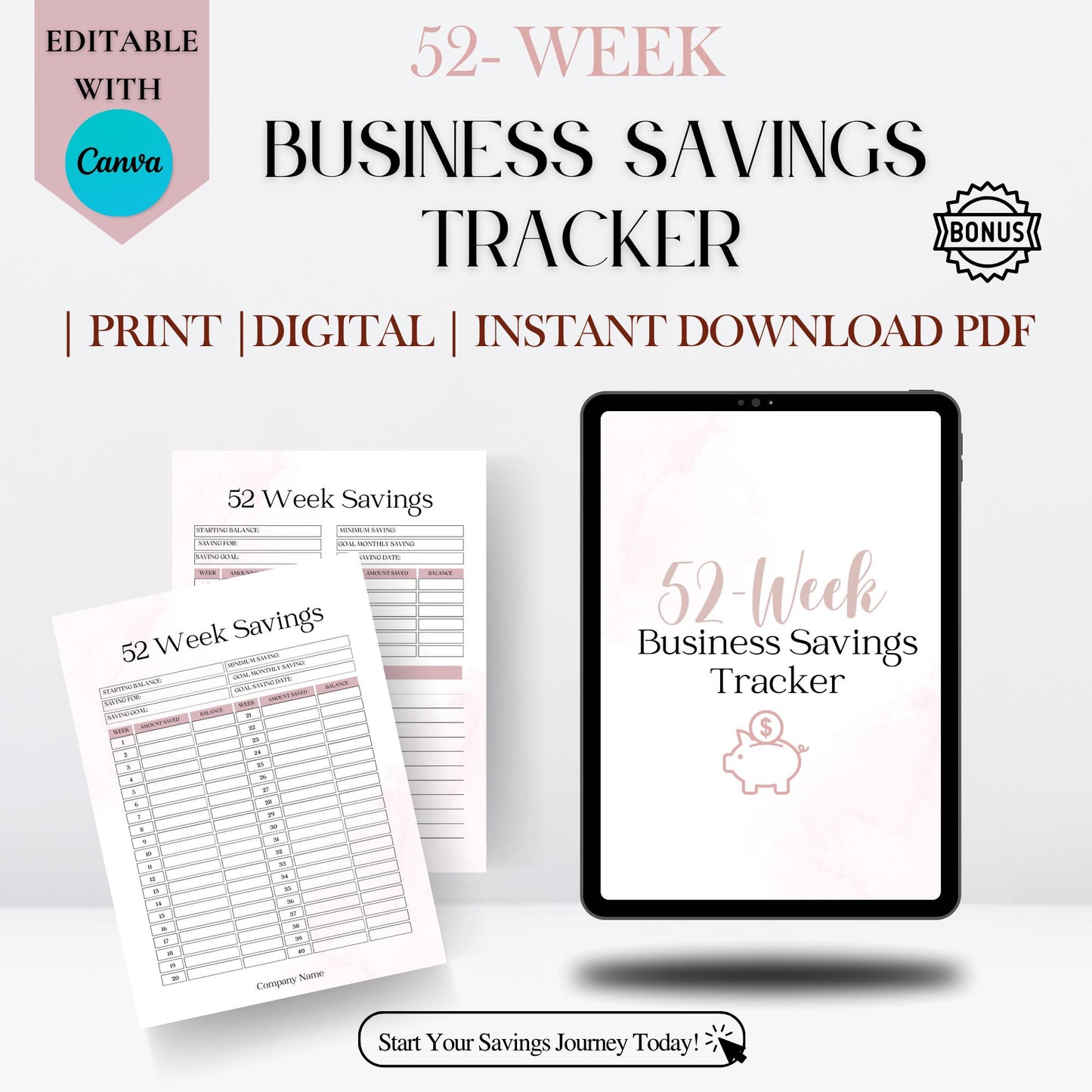 52-Week Savings Tracker | Digital Budget Planner | Printable PDF for Personal Use | Instant Download
