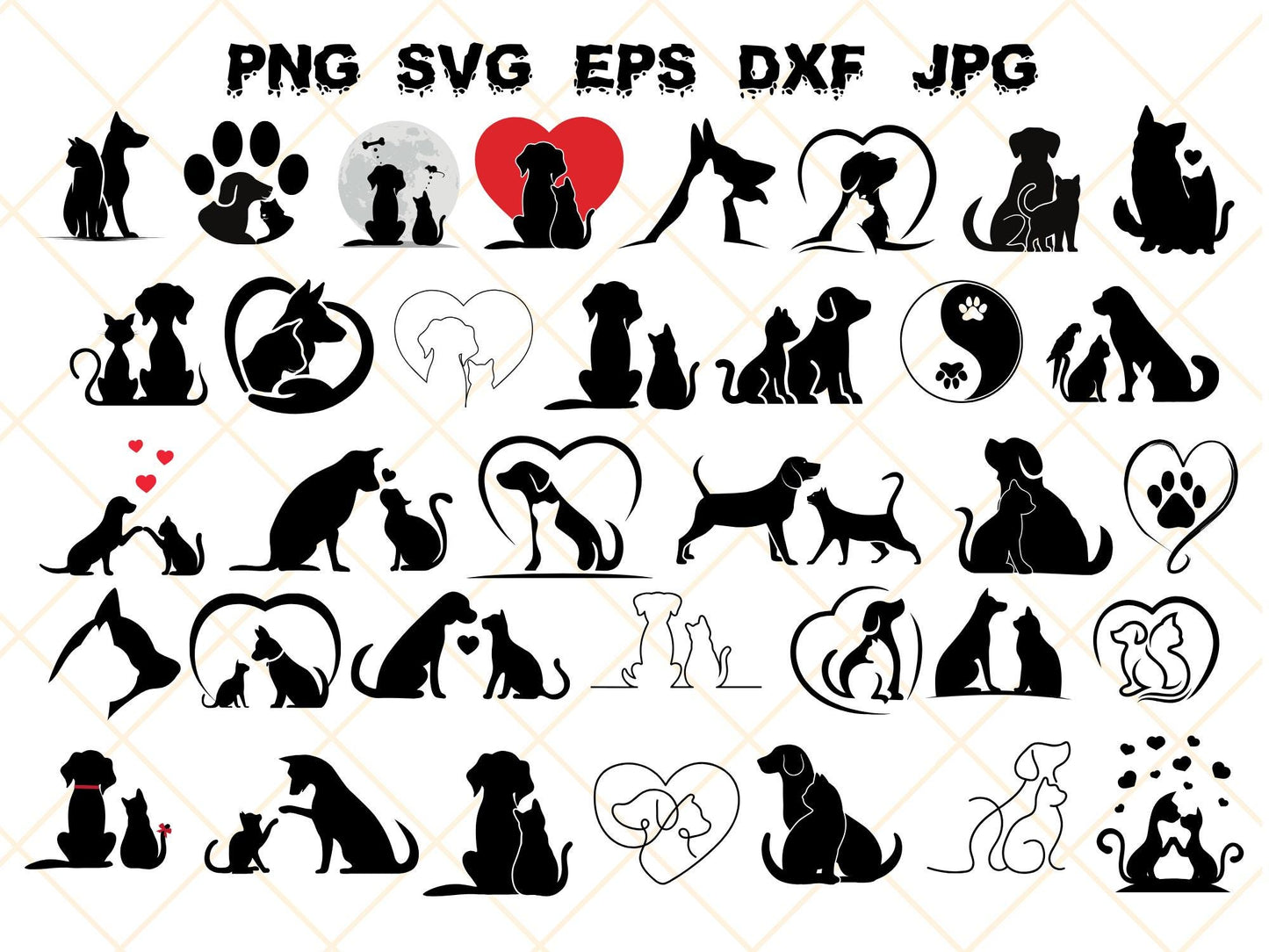 Dog and Cat silhouette SVG, dog cat outline png, dog and cat clipart, pet png, dog cat love friends svg, dog cat cricut silhouette cut file