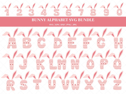 Easter Bunny Alphabet SVG Cut File Bundle for Cricut, Cute Spring Holiday Kid's SVG Font Letters, Rabbit Ears and Tail Easter Monogram PNG